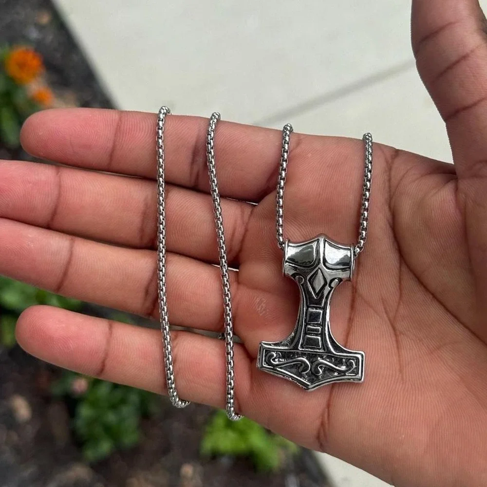 Silver Thor Hammer Mjolnir Pendant Necklace Norse Jewelry 24 Inch Chain Mens